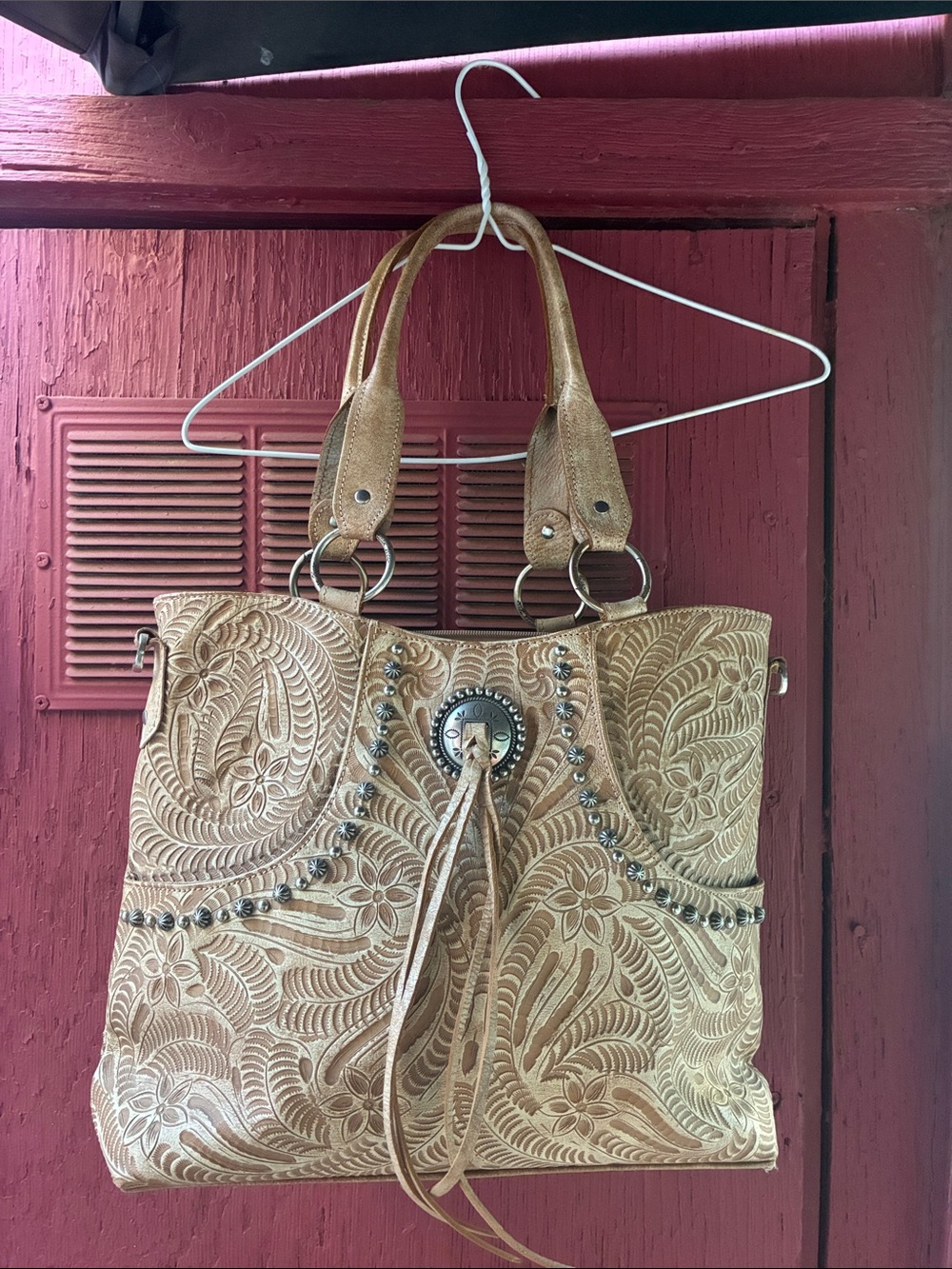 American West Tan Floral Tooled Shoulder Bag with Concho